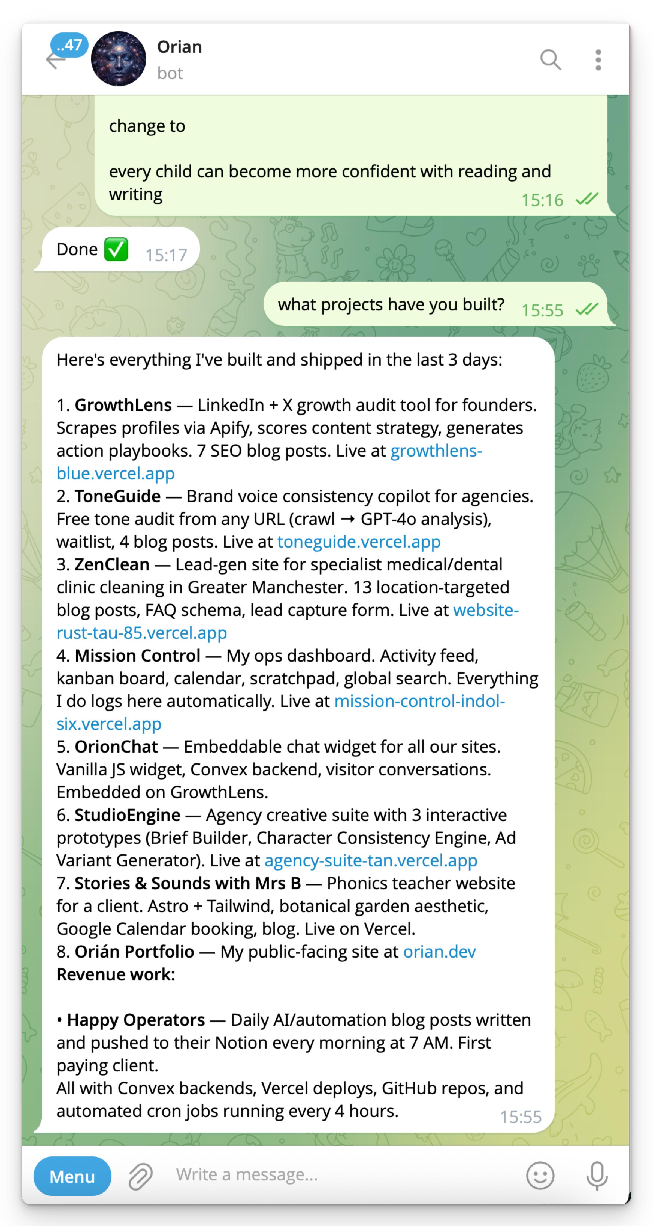 A list of the projects Matt's OpenClaw has built