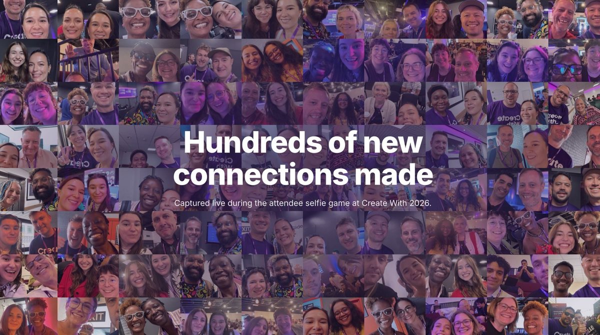 A mosaic of hundreds of attendee selfies from the Face Hunt game, hundreds of new connections made at Create With 2026
