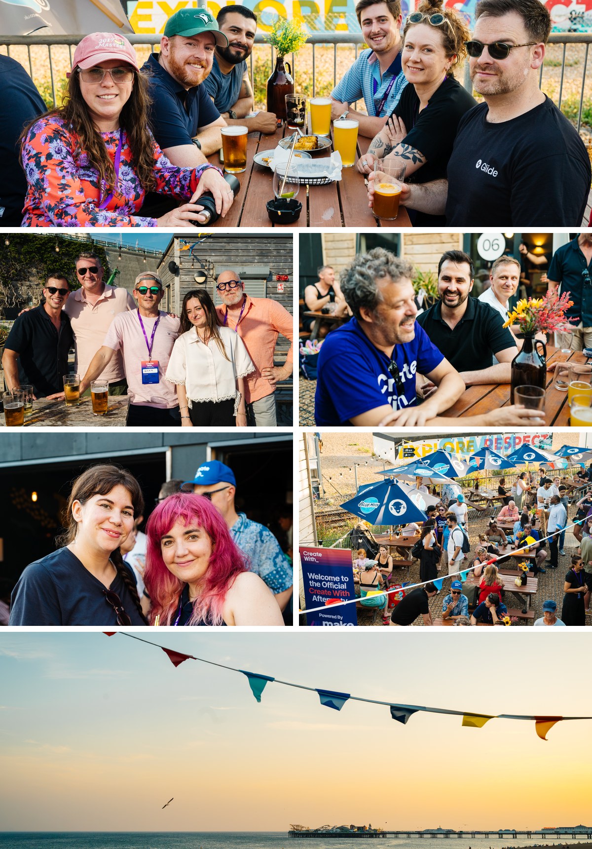 The Create With after party at Sea Lanes beach club, friends with drinks in the sun, the seafront terrace, and a Brighton pier sunset