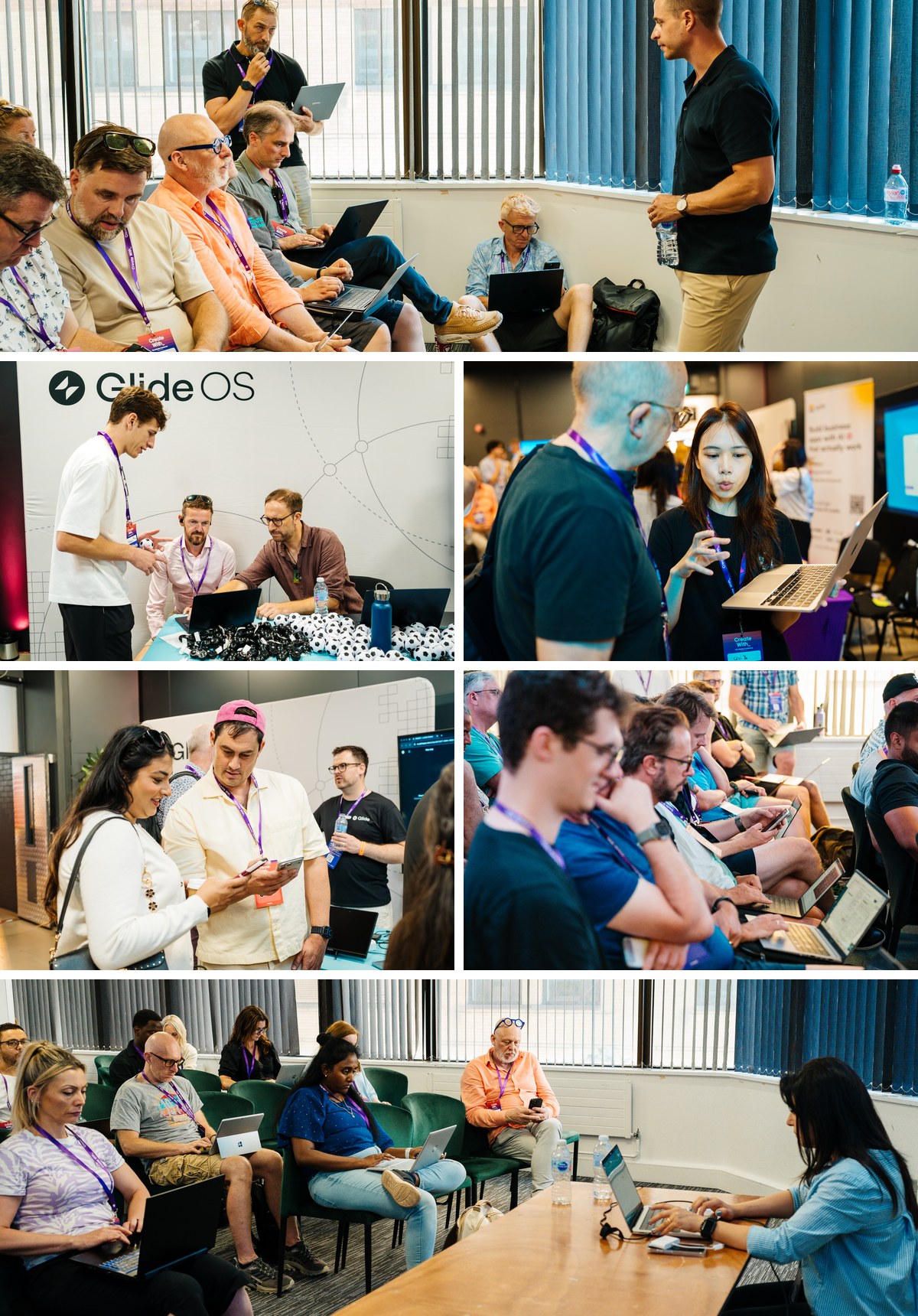 Attendees at Create With 2026 building on laptops and phones throughout the day, in workshops, at booths and around tables