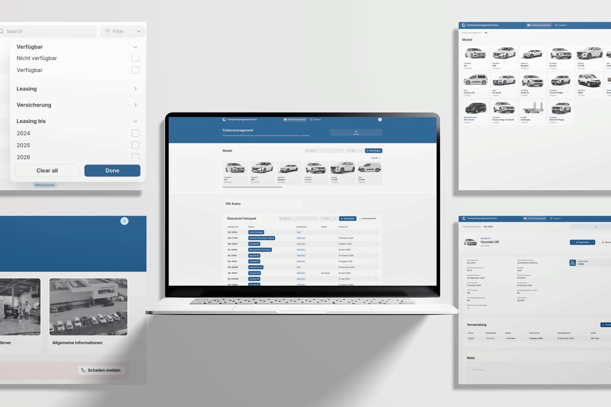The fleet module, shown in the demo version of the app. Every car is grouped by model and searchable by plate, use and lease end date, and each car has its own page.