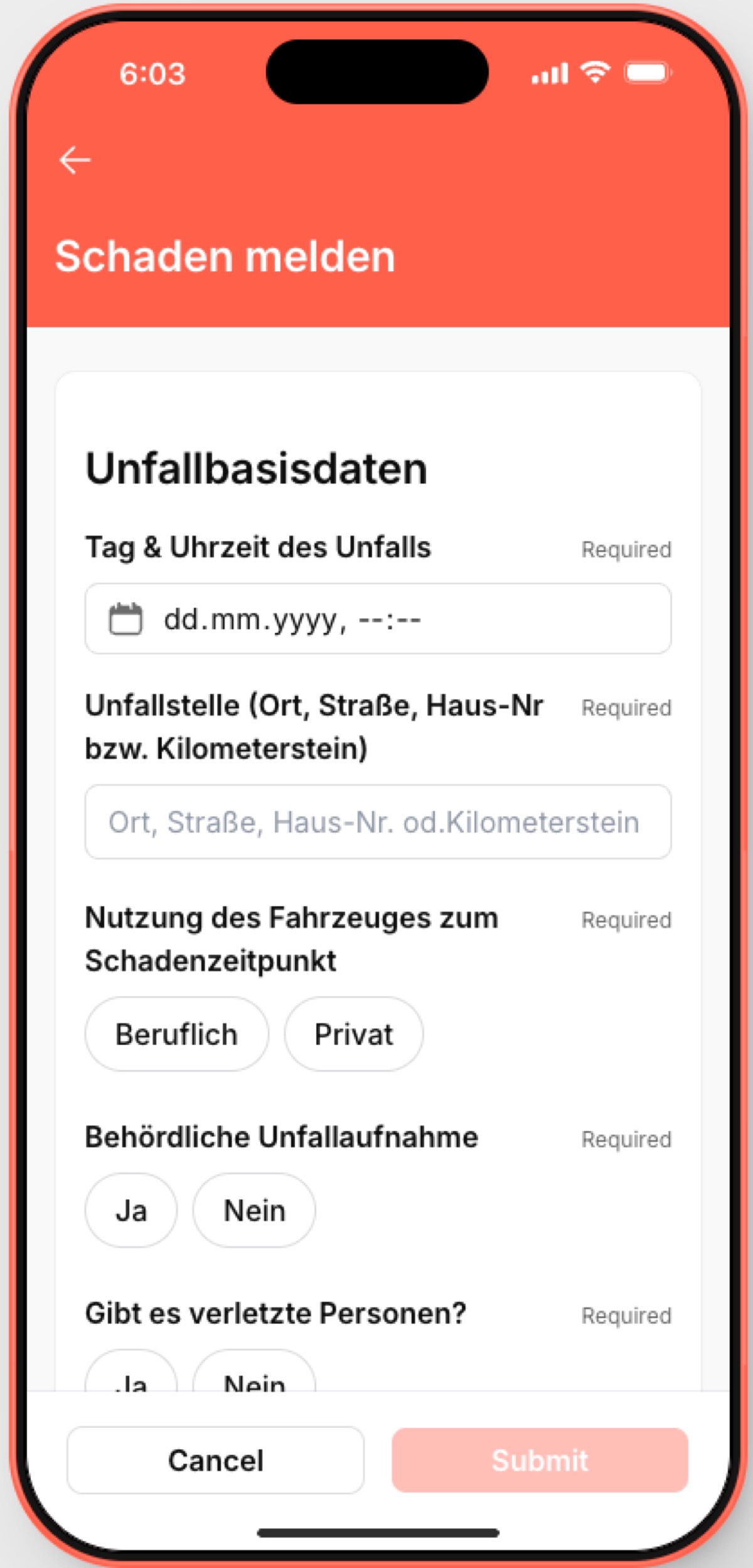 The accident form in the employee app, shown empty. The fields are the minimum the insurance broker asked for, and photos attach directly.