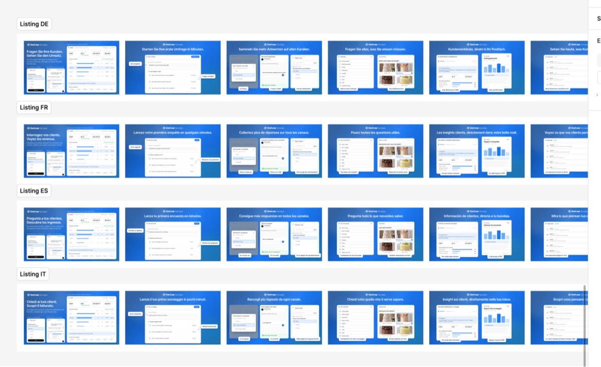 Rows of localised App Store listing screenshots in German, French, Spanish and Italian