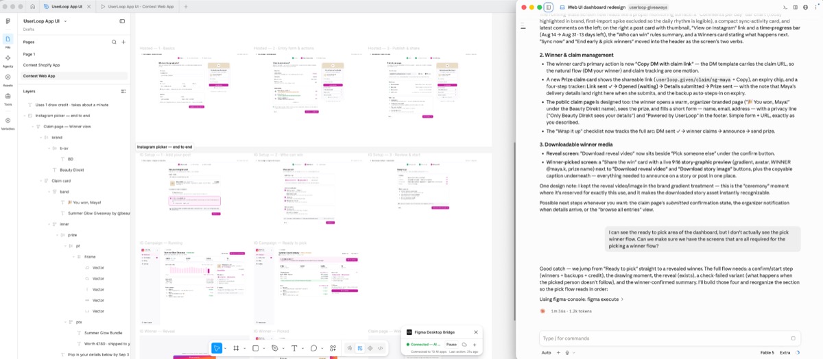 A full app flow on the Figma canvas with Claude Code open alongside