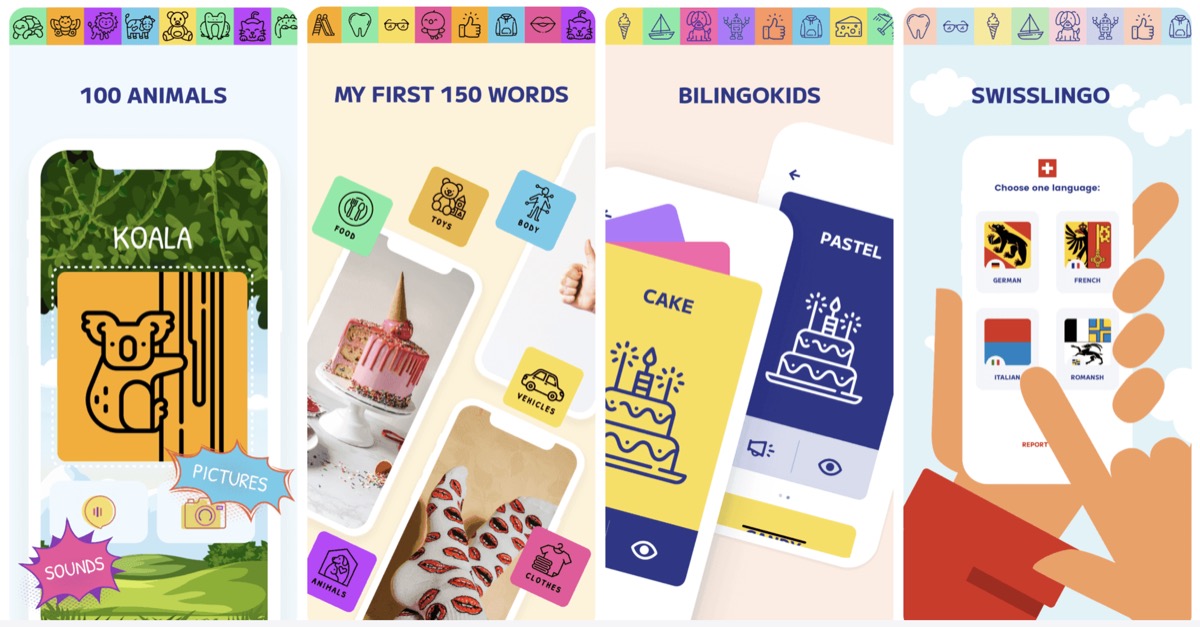 Four of Karla's apps: 100 Animals, My First 150 Words, BilingoKids and SwissLingo