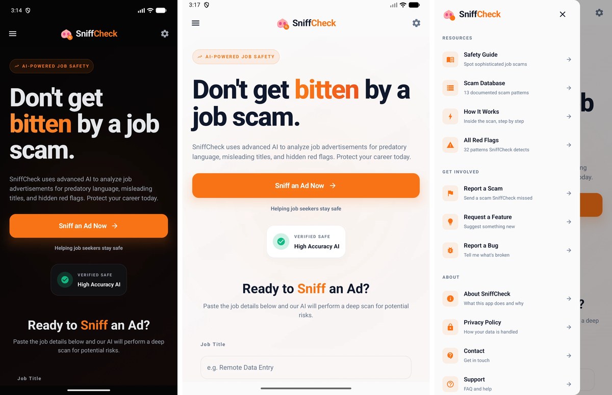 Three screens from SniffCheck: the home screen in dark and light mode, and the resources menu