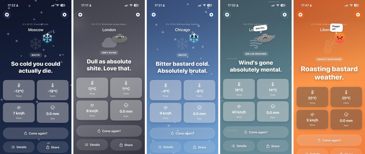 Five screens from Typical showing rude forecasts for Moscow, London and Chicago