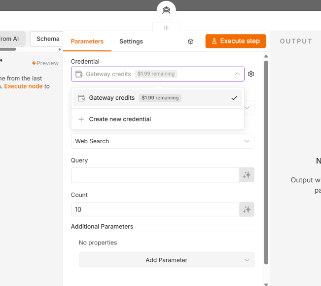 The n8n credential selector showing Gateway credits as an alternative to adding a provider credential