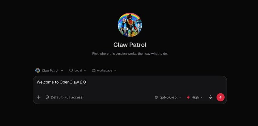 OpenClaw 2.0 browser app with an agent and message composer