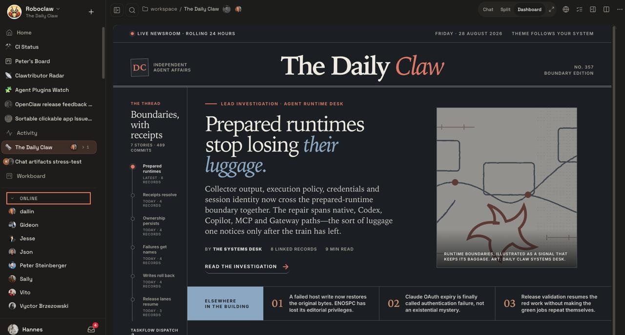 OpenClaw multiplayer dashboard shown in the 2.0 release
