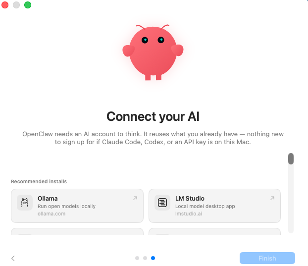 OpenClaw screen for connecting an AI provider or local model