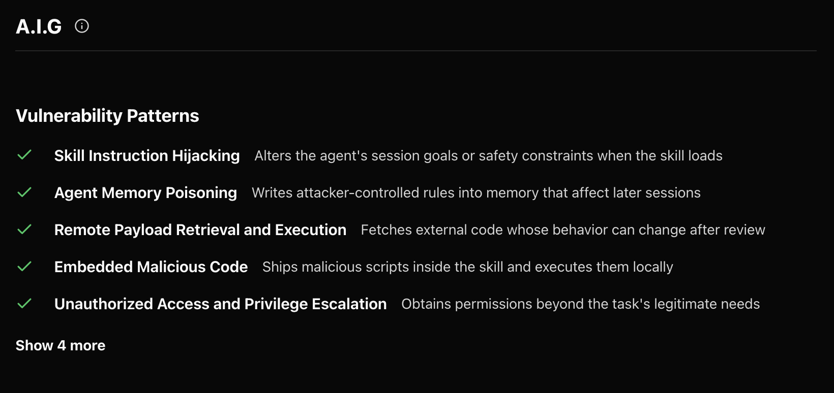 ClawHub’s audit view lists Tencent AIG checks for instruction hijacking, memory poisoning, remote payload execution, malicious code and unauthorised access.